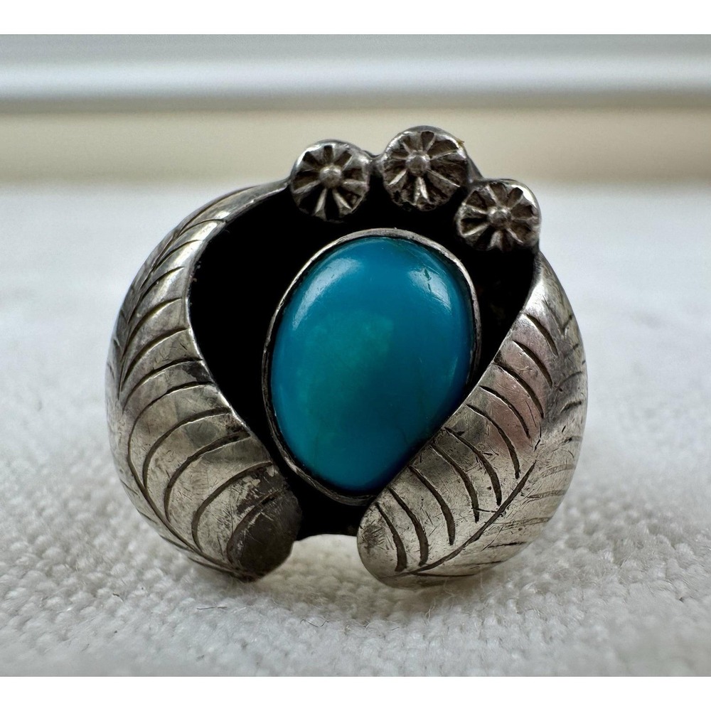 VTG Navajo Sterling Silver Turquoise Leaf Feather Ring Sz6 Old Pawn Southwestern